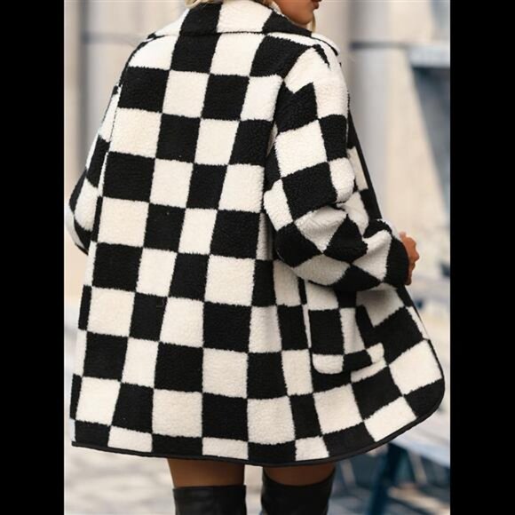 Double Take Full Size Checkered Button Front Coat with Pockets - Picture 3 of 9